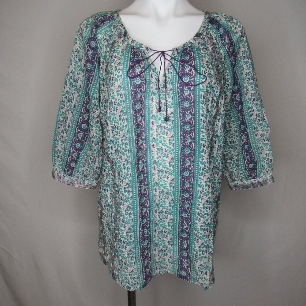 Lucky Brand Blue Purple Floral Print Boho Tie Neck Tunic Top Women's L Large